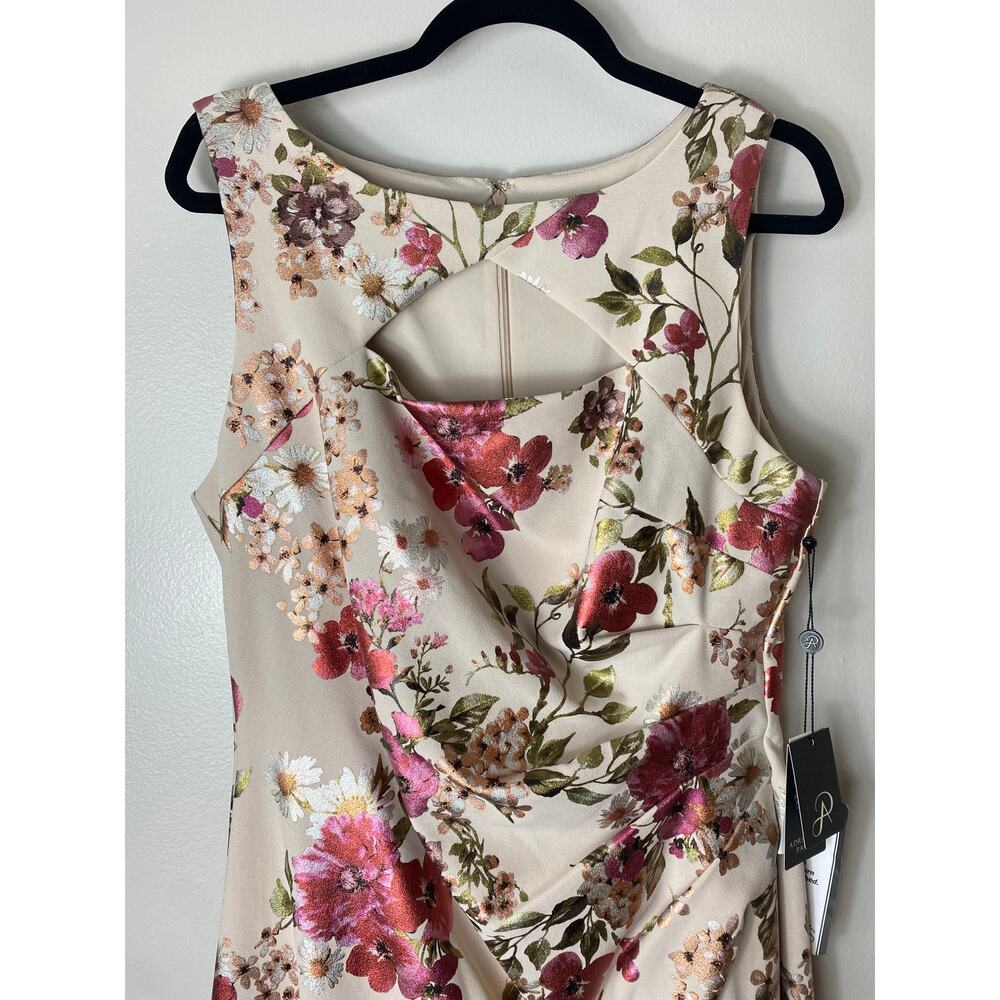 NWT ADRIANNA PAPELL DRESS 14 WEDDING GUEST RED FOIL BEIGE FLORAL COCKTAIL PARTY - Picture 8 of 14